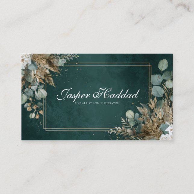 Carte De Visite Émeraude Rustique Or Eucalyptus Blanc Floral Moder (Devant)