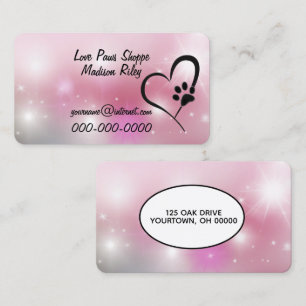 Carte De Visite Empreinte de patte et coeur sur Pink Bokeh