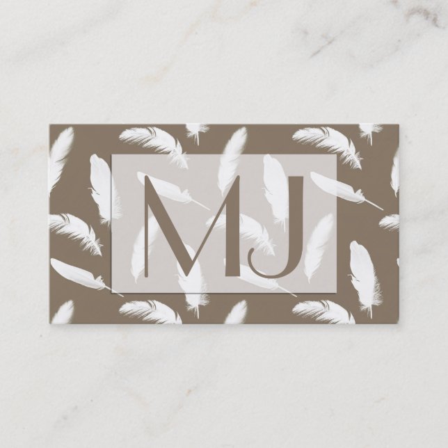 Carte De Visite Empreinte en plumes blanches sur tan taupe (Devant)