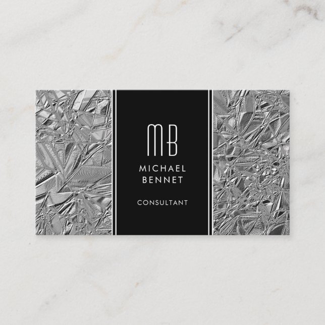 Carte de visite en feuille métallisée argent monog (Devant)