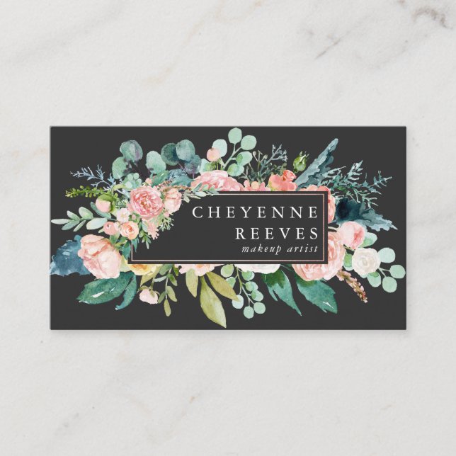 Carte De Visite En fleurs | Floral rose sur fond noir (Devant)