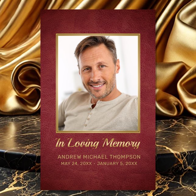 Carte De Visite En Mémoire Amoureuse Maroon Gold Photo Funeral Car (Sympathy In Loving Memory Red Faux Leather Photo Funeral Card with personalized Poem or Prayer)