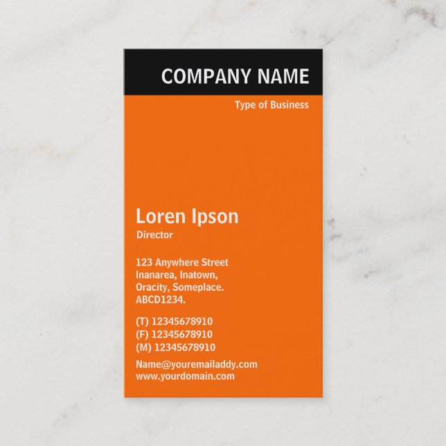 Carte De Visite En-tête vertical - Noir avec orange FF6600 (Devant)