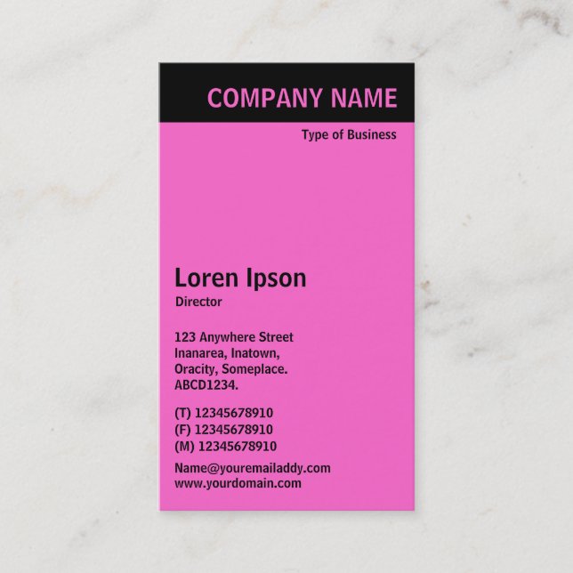 Carte De Visite En-tête vertical - Noir avec Rose FF66CC (Devant)