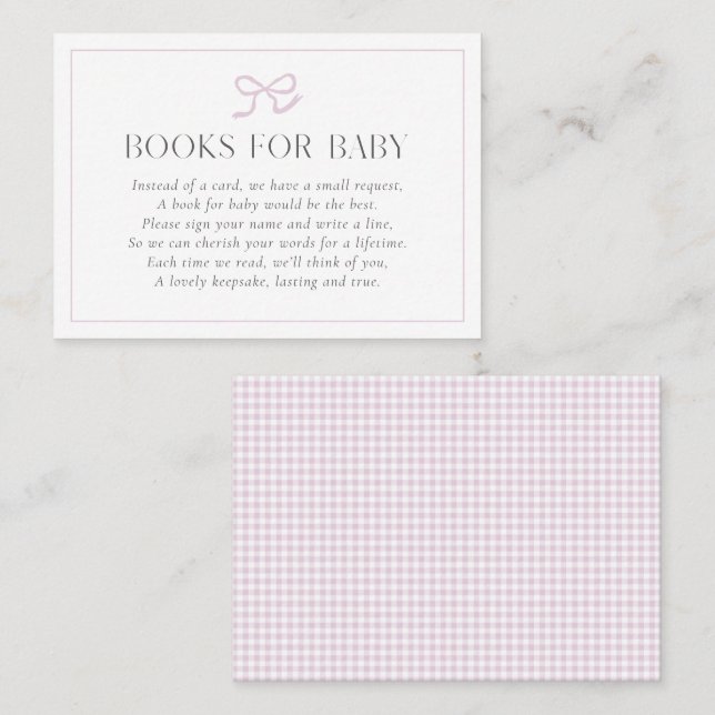 Carte De Visite en vichy Pink Bow Baby Girl Baby shower Livres pou (Devant / Derrière)