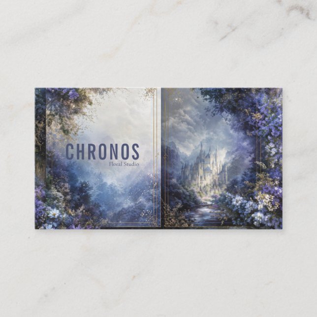 Carte De Visite Enchanted Fairytale Castle Purple Floral Gold Mist (Devant)