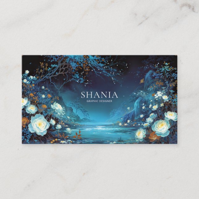 Carte De Visite Enchanted Night Floral White Rose and Teal Lake (Devant)