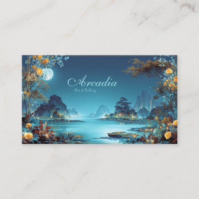 Carte De Visite Enchanted Night Landscape Gold Floral Moon Lake (Devant)