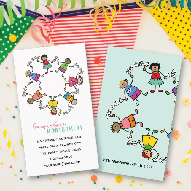 Carte De Visite Enfants de dessins animés mignons et amis heureux  (Cute Cartoon Kids Happy Friends Around The World Business Card @ fat_fa_tin)