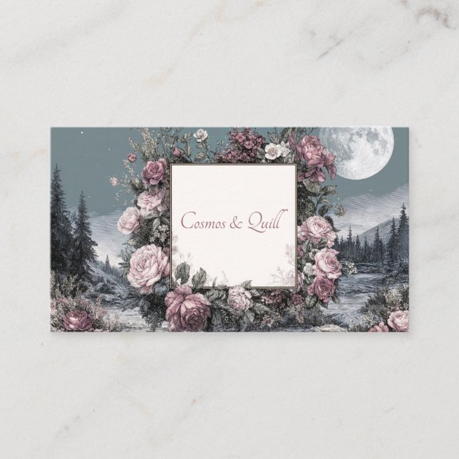 Carte De Visite Engraved Rose Floral and Full Moon Night Landscape (Devant)