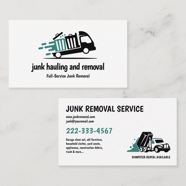 CARTE DE VISITE ENLÈVEMENT DE DÉCHETS ÉLIMINATION DES DÉCHETS TEAL (Devant / Derrière)