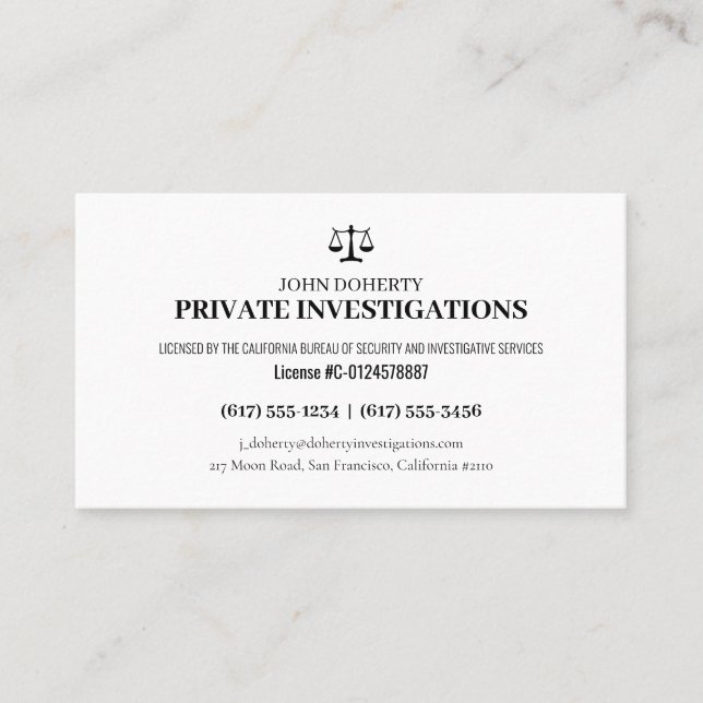 Carte De Visite Enquêtes privées | Inspecteur professionnel (Devant)