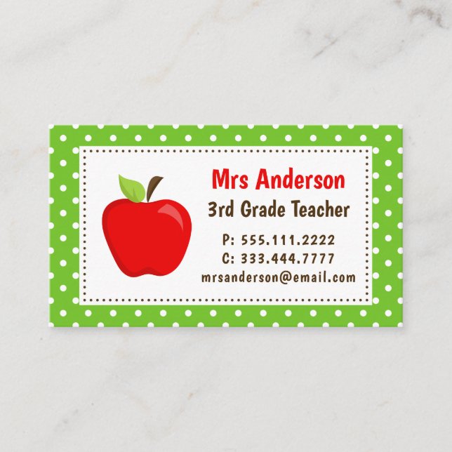 Carte de visite enseignant Apple Green Polka Dots (Devant)