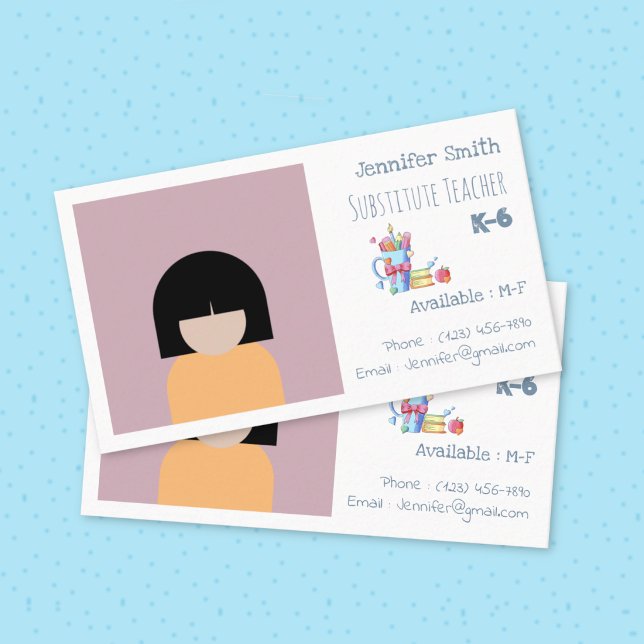 Carte de visite enseignant blanc avec photo (Sub teachers standard white business card with big photo .)