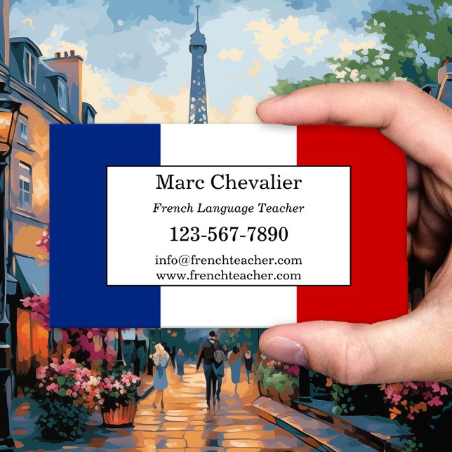 Carte de visite enseignant de langue française (Business card for a teacher of the French language with the French flag as background)