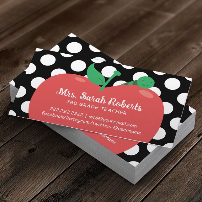 Carte De Visite Enseignant de l'école Mignon Pomme & Ver Polka Dot (Créateur téléchargé)