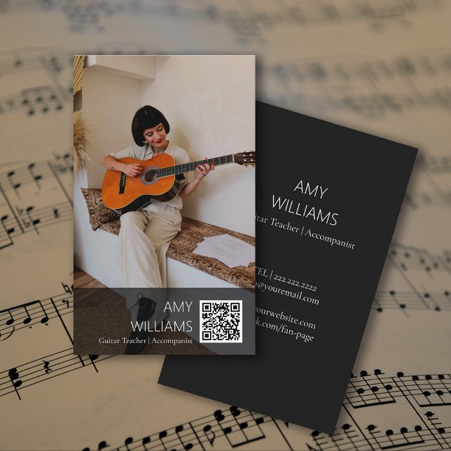 Carte De Visite Enseignant de Musique Chanteur Auteur-Compositeur  (QR Code Photo Music Teacher Singer Songwriter Business Card)