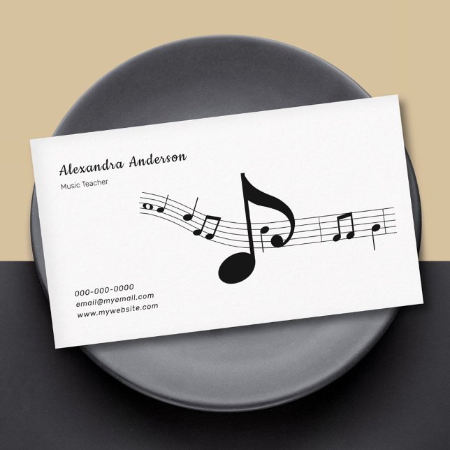 Carte De Visite Enseignant de Musique Simple, Noir & Blanc (Simple, Black & White Music Teacher Business Card)