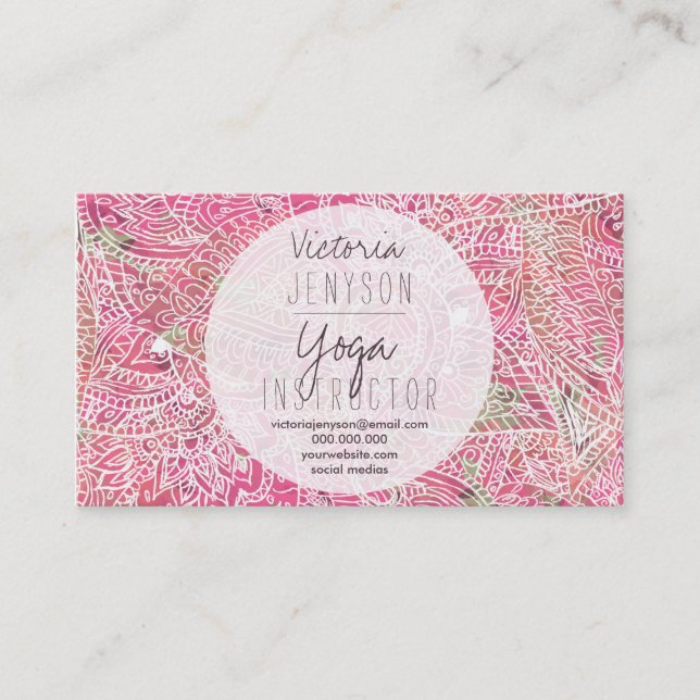 Carte De Visite Enseignant de paisley yoga fleuri rose boho (Devant)