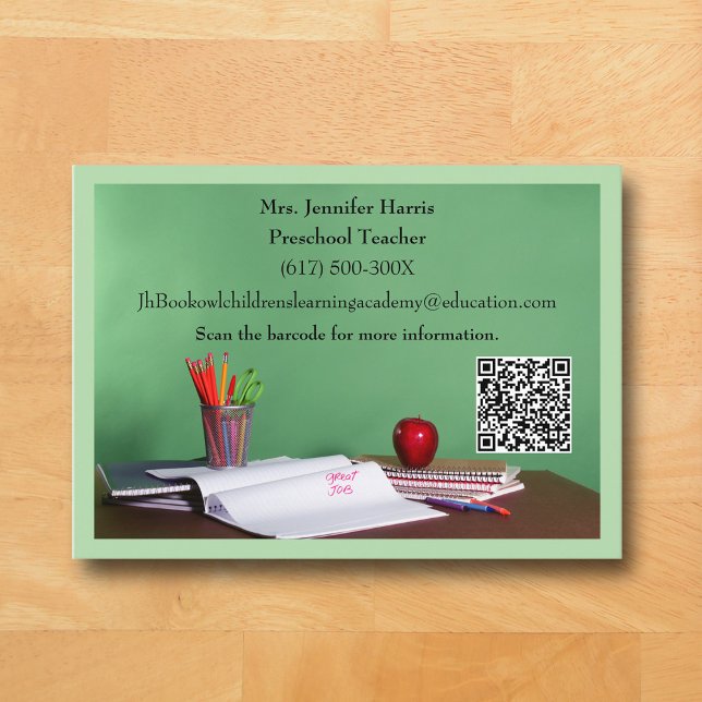 Carte De Visite Enseignant(e) École Primaire Maternelle Code QR Ve (Green Business Card for Teacher )