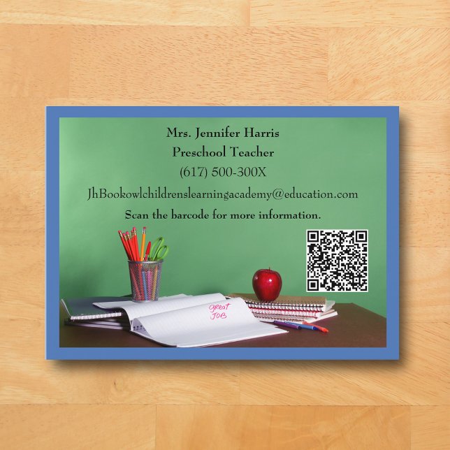 Carte De Visite Enseignant École Primaire Maternelle Code QR  (Blue Business Card for Teacher)