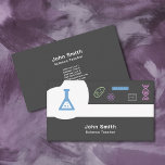 Carte de visite enseignant en sciences<br><div class="desc">Un carte de visite pour un professeur de sciences ou un tuteur (comme la physique,  la biologie,  la chimie,  les mathématiques),  avec toutes les coordonnées au dos. Il est fourni avec des illustrations scientifiques : ADN,  noyau atomique,  la formule E=MC2,  une cellule,  une règle et un bécher de chimiste.</div>