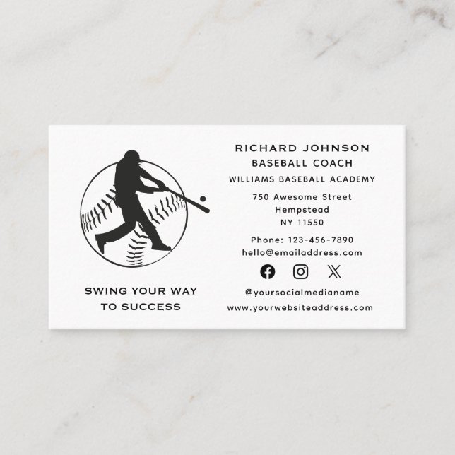 Carte De Visite Entraîneur de baseball Softball Instructeur médias (Devant)