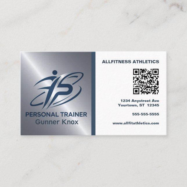 Carte De Visite Entraîneur de fitness Code QR Bleu et Argent (Devant)