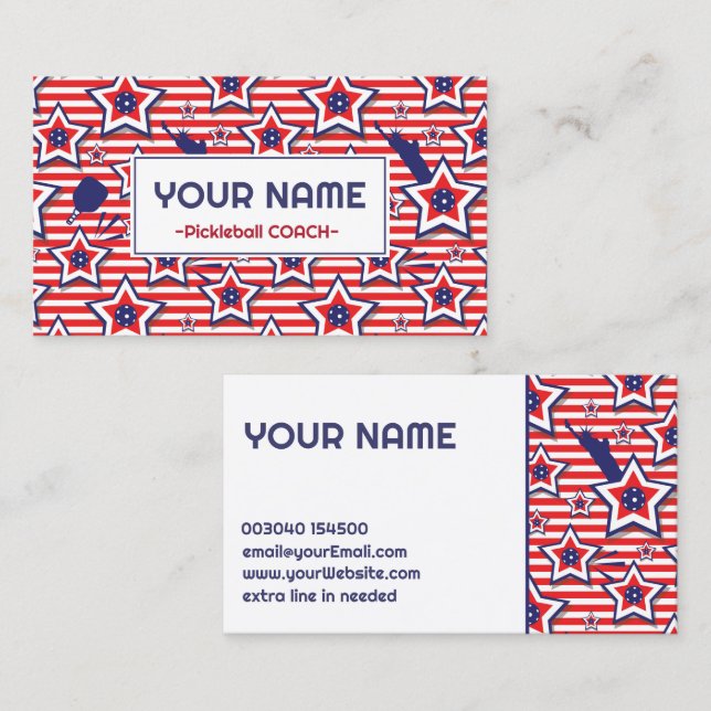 Carte De Visite Entraîneur de Pickleball - motif américain en blan (Devant / Derrière)