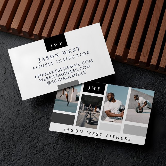 Carte De Visite Entraîneur Personnel de Fitness avec Grille de Pho (Modern Four Photo Collage Personal Trainer Fitness Business Card)