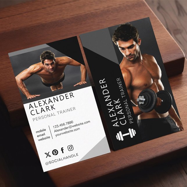 Carte De Visite Entraîneur Personnel Moderne Photo de Fitness Halt (Modern Personal Trainer Fitness Photo Dumbbell Business Card)