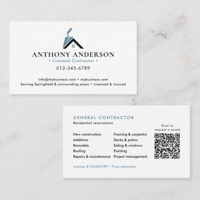 Carte De Visite Entrepreneur/Construction Code QR Moderne (Devant / Derrière)