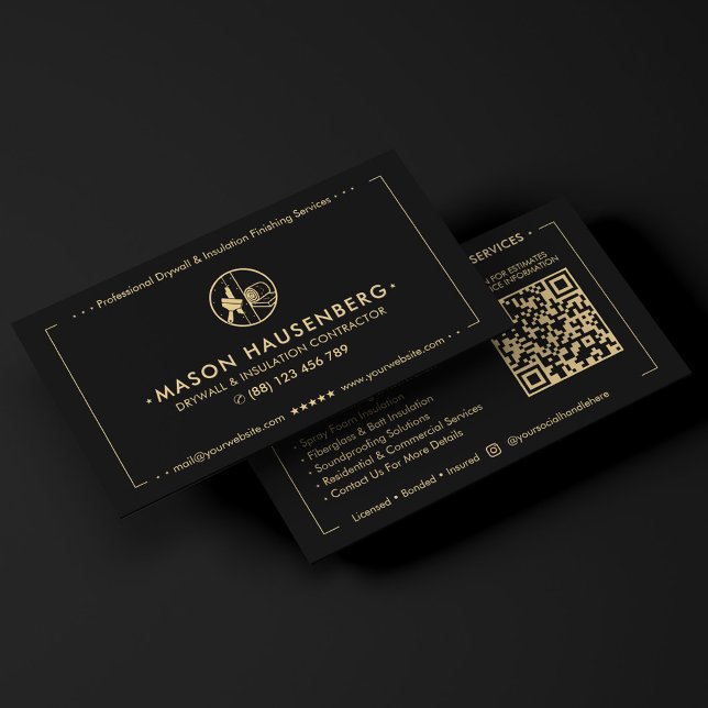 Carte De Visite Entrepreneur de cloison sèche et d'isolation moder (Modern Drywall & Insulation Contractor Black Business Card
)