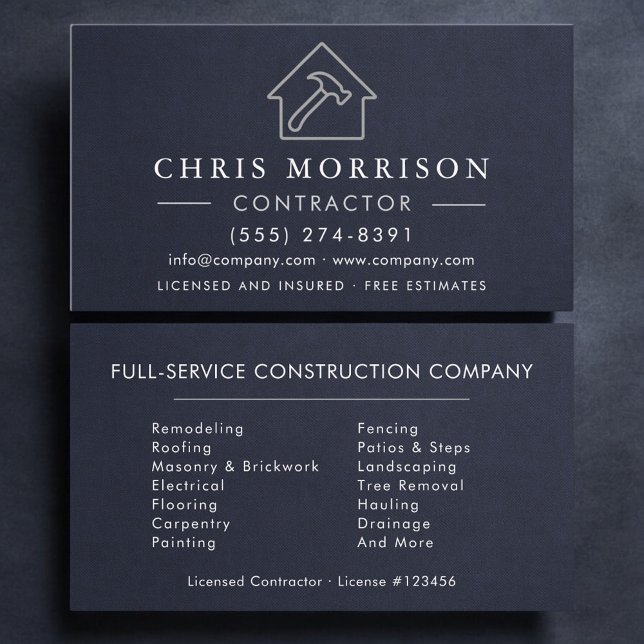 Carte De Visite Entrepreneur de construction bleu marine argenté (Créateur téléchargé)