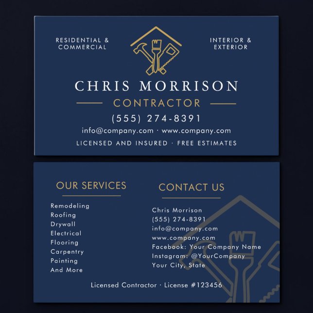 Carte De Visite Entrepreneur de construction Bleu marine Or (Créateur téléchargé)