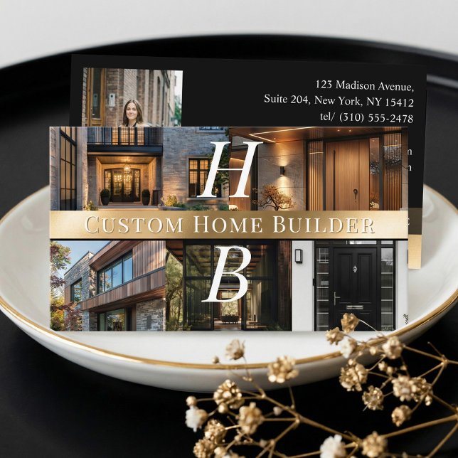 Carte De Visite Entrepreneur de Construction de Maison de Luxe en  (Luxury Black Gold Monogram Home Builder Contractor Business Card)