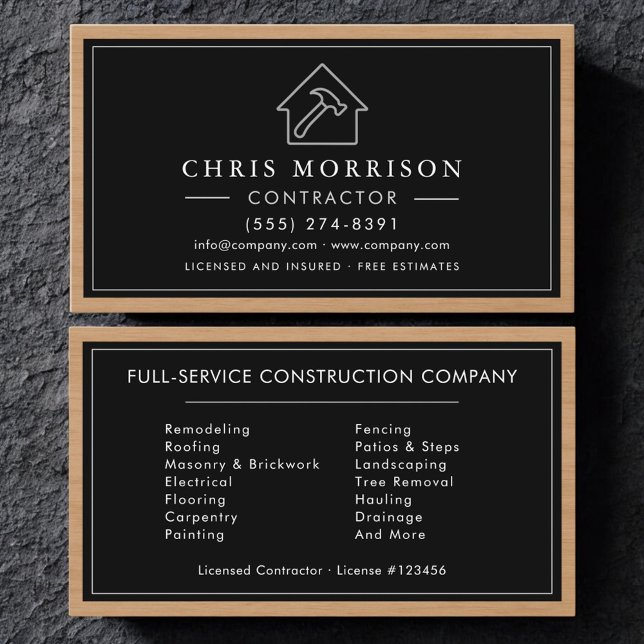 Carte De Visite Entrepreneur de construction en bois argent noir (Créateur téléchargé)