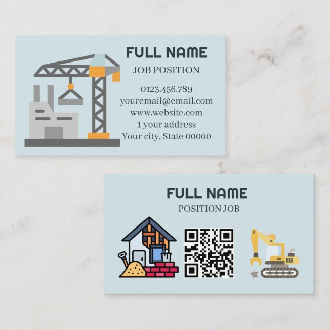 Carte De Visite Entrepreneur de construction moderne Code QR bleu  (Devant / Derrière)