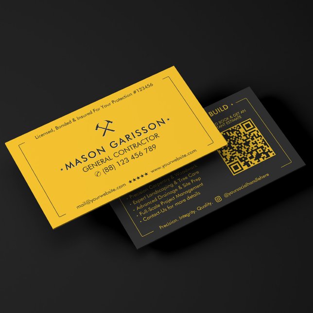 Carte De Visite Entrepreneur de construction professionnel jaune n (Professional Construction Yellow Black Contractor)