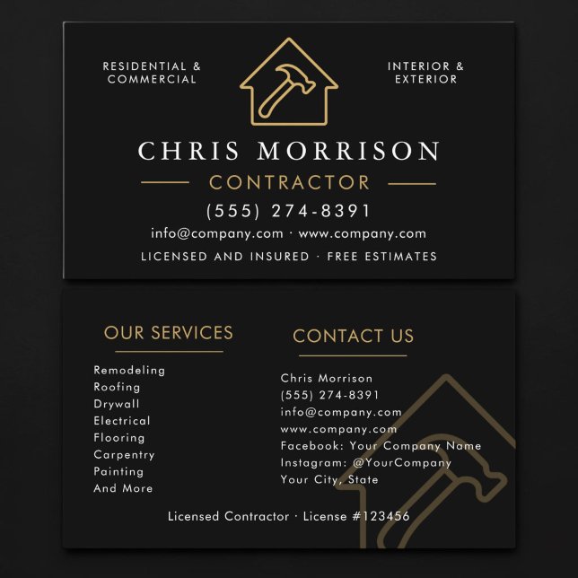 Carte De Visite Entrepreneur de construction professionnel Or Noir (Créateur téléchargé)