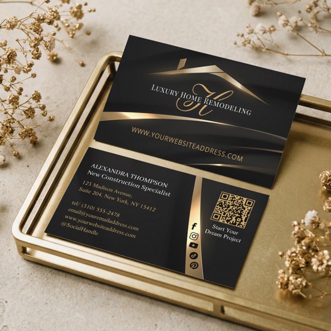 Carte De Visite Entrepreneur de rénovation de maison à monogramme  (Black Gold Monogram Home Remodelling Contractor Business Card)