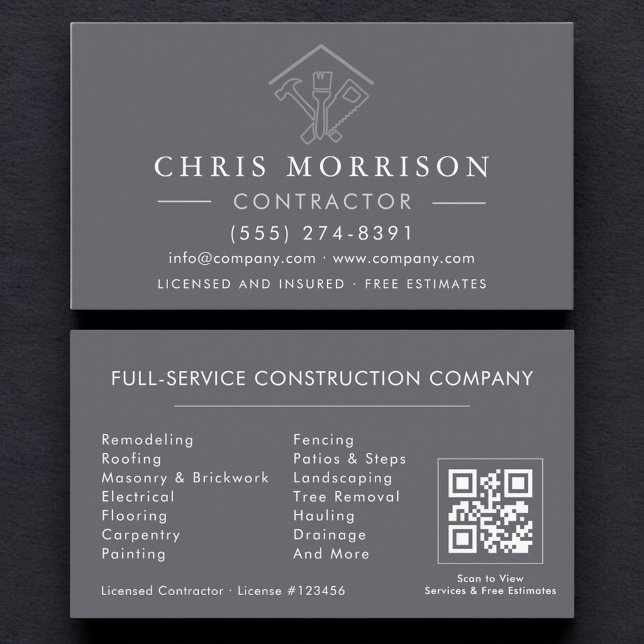 Carte De Visite Entrepreneur de Réparations à Domicile Code QR Gri (Créateur téléchargé)