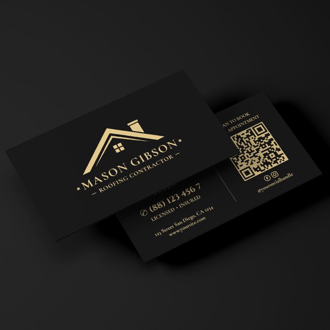 Carte De Visite Entrepreneur de Toiture Logo Noir Moderne (Roofing Contractor Roofer Logo Black Modern Business Card
)
