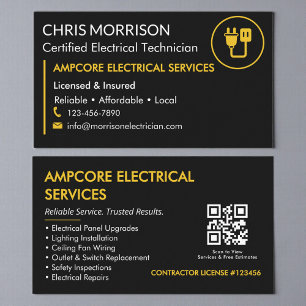 Carte De Visite Entrepreneur électricien moderne Code QR Noir Jaun