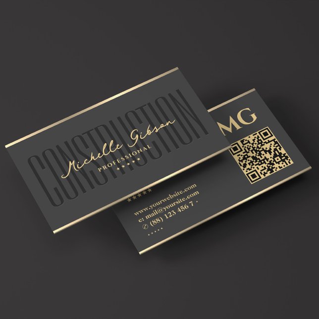 Carte De Visite Entrepreneur en construction moderne gris foncé Fa (Modern Construction Contractor Dark Grey Faux Gold Business Card
)