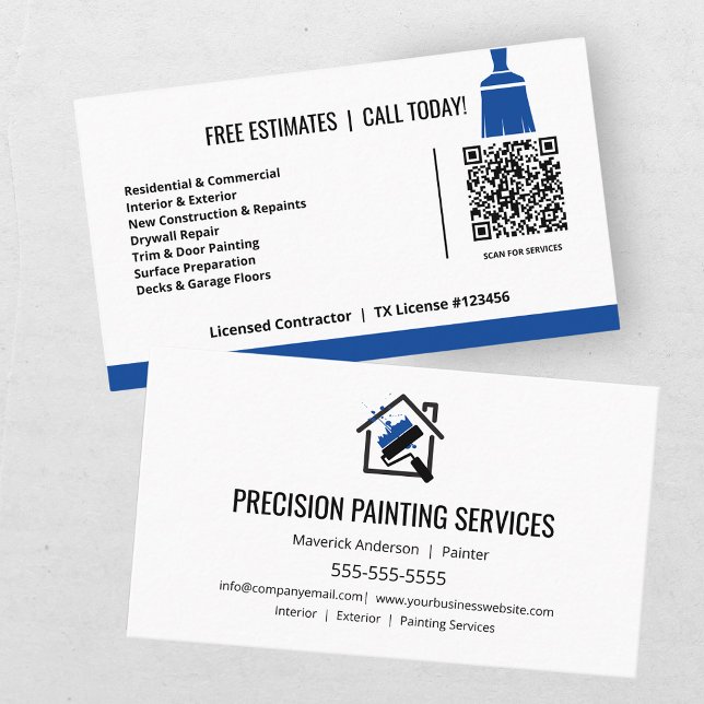 Carte De Visite Entrepreneur en peinture moderne Code QR noir bleu (Créateur téléchargé)