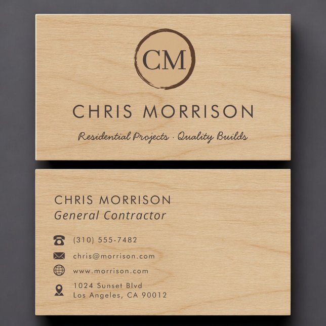 Carte De Visite Entrepreneur Général Bois Monogramme Professionnel (Créateur téléchargé)