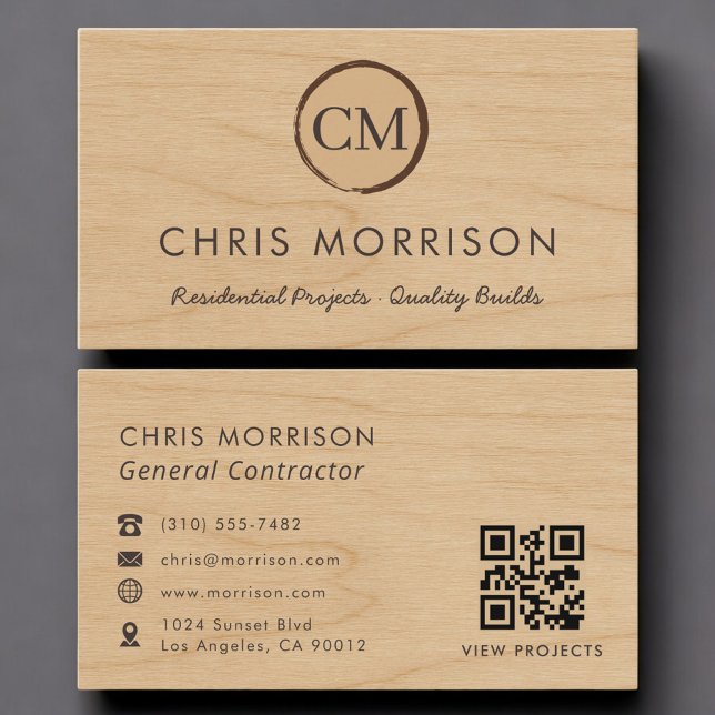 Carte De Visite Entrepreneur Général Code QR Bois Professionnel (Créateur téléchargé)