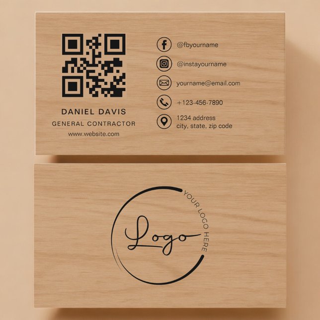 Carte De Visite Entrepreneur Général Code QR Professionnel Bois (Créateur téléchargé)