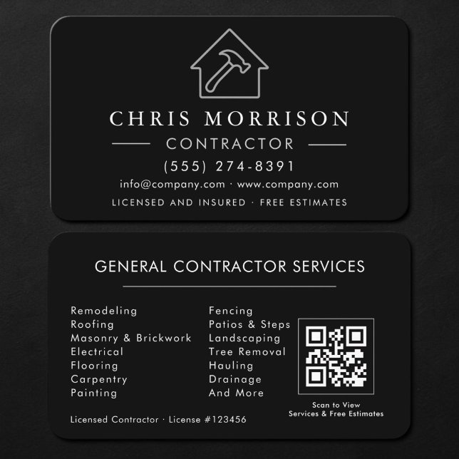 Carte De Visite Entrepreneur Général de Construction Code QR Noir (Créateur téléchargé)